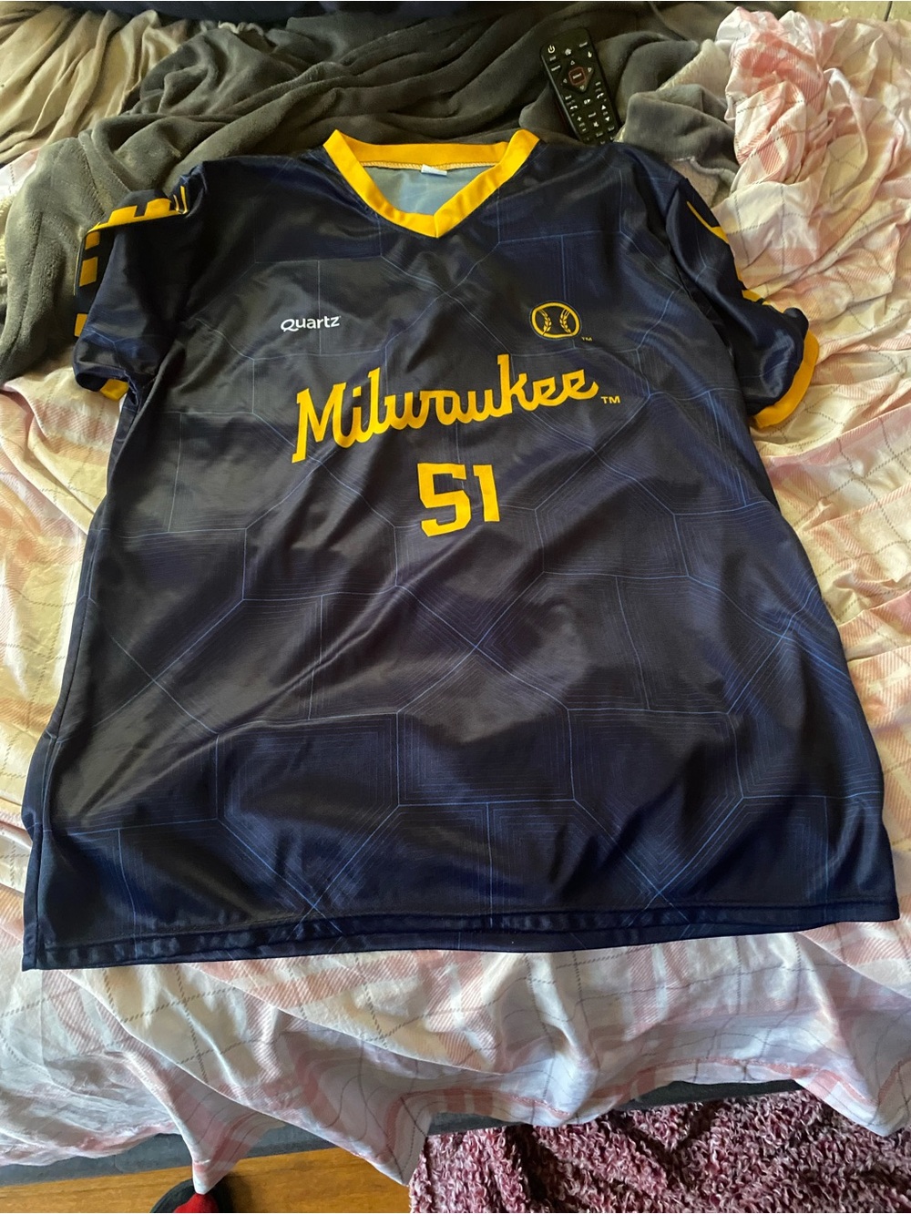 MLB Milwaukee Navy and Gold Jersey #51